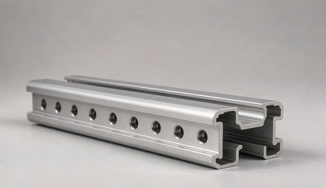 Finished extruded aluminum profile with CNC machined round holes and a custom-shaped slot, anodized silver surface
